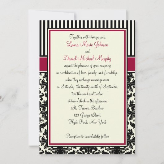 Zwart, Ivoor, Rode Strepen Damast Monogram Uitnodi Kaart (Achterkant)