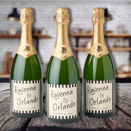 Zwart & Ivoor Strepen Retro Minimalistische Trouw Sparkling Wijnetiket