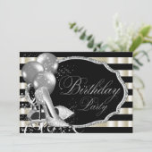 Zwart Ivoor Zilver Hoge Hak Schoen Verjaardagsfees Kaart (Staand voorkant)