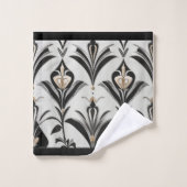 Zwart & Ivory Art Deco Bloem Bad Handdoek Set (Wasdoekje)