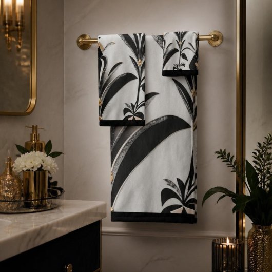 Zwart & Ivory Art Deco Bloem Bad Handdoek Set