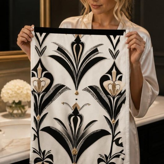 Zwart & Ivory Art Deco Bloem Bad Handdoek Set