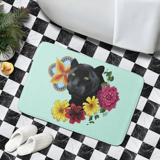 Zwart Jaguar Portret Bloemen Badmat