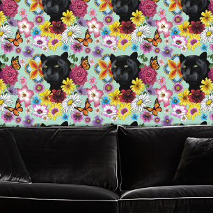 Zwart Jaguar Portret Bloemen Behang