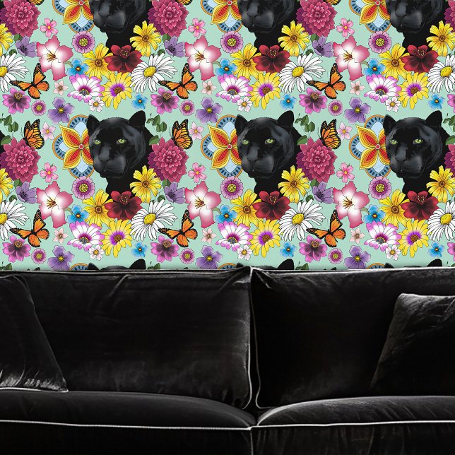 Zwart Jaguar Portret Bloemen Behang (Creator heeft geüpload)