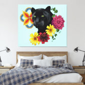 Zwart Jaguar Portret Bloemen Canvas Afdruk (Insitu (Slaapkamer))