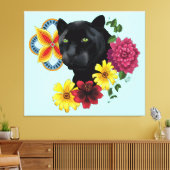 Zwart Jaguar Portret Bloemen Canvas Afdruk (Insitu (Woonkamer))