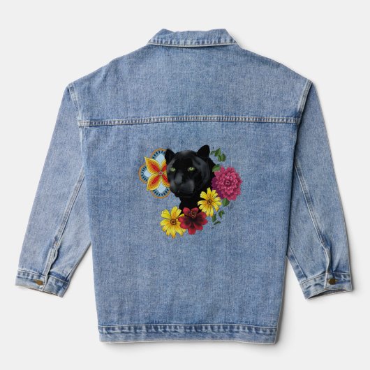 Zwart Jaguar Portret Bloemen Denim Jacket (Achterkant)