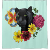 Zwart Jaguar Portret Bloemen Douchegordijn (Voorkant)