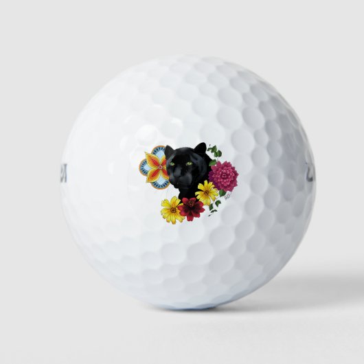 Zwart Jaguar Portret Bloemen Golfballen (Voorkant)