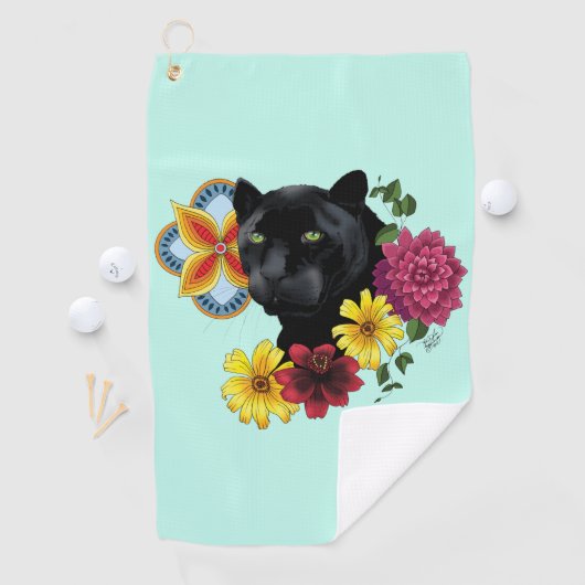 Zwart Jaguar Portret Bloemen Golfhanddoek (Insitu)
