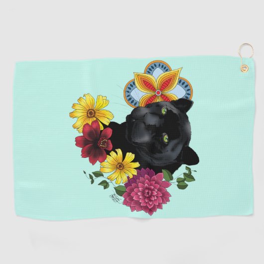 Zwart Jaguar Portret Bloemen Golfhanddoek (Horizontaal)