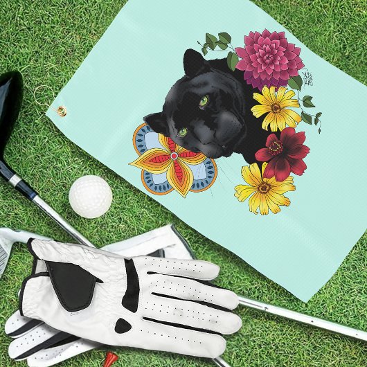 Zwart Jaguar Portret Bloemen Golfhanddoek