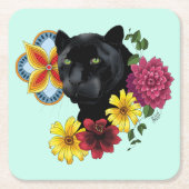 Zwart Jaguar Portret Bloemen Kartonnen Onderzetters (Voorkant)
