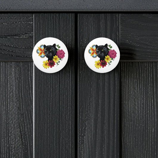 Zwart Jaguar Portret Bloemen Keramische Knop
