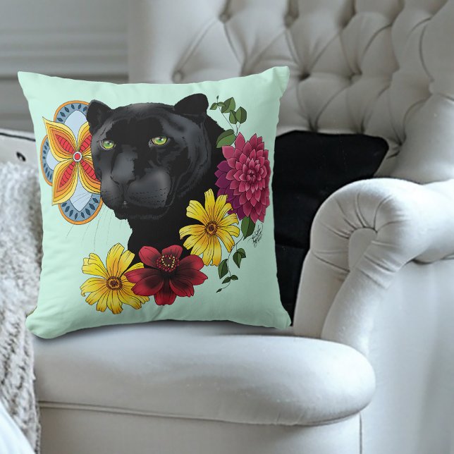 Zwart Jaguar Portret Bloemen Kussen (Creator heeft geüpload)