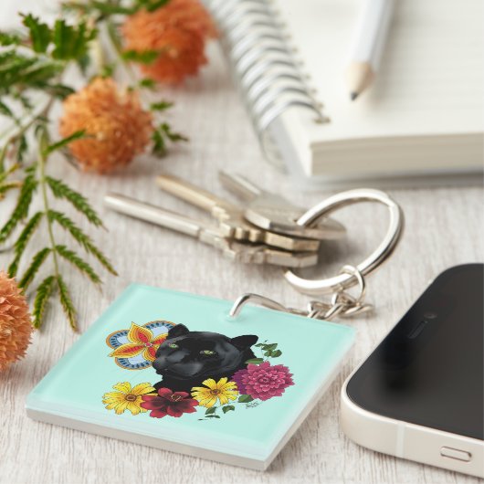 Zwart Jaguar Portret Bloemen Sleutelhanger (Voorkant Rechts)