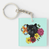 Zwart Jaguar Portret Bloemen Sleutelhanger (Voorkant)