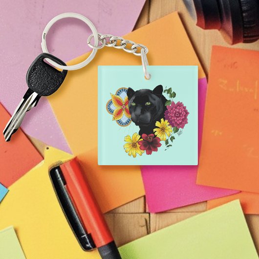 Zwart Jaguar Portret Bloemen Sleutelhanger