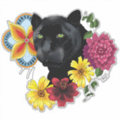 Zwart Jaguar Portret Bloemen Sticker (Voorkant)