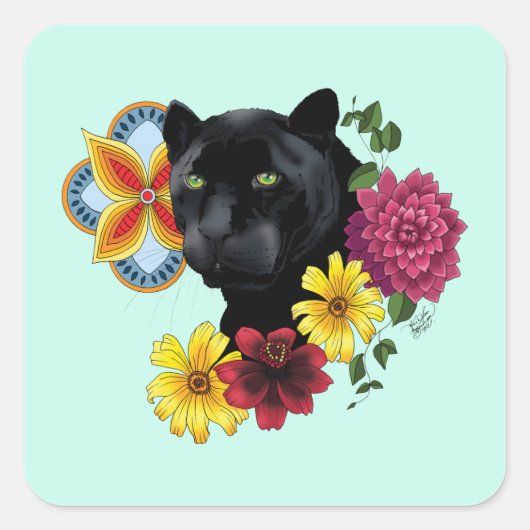 Zwart Jaguar Portret Bloemen Vierkante Sticker (Voorkant)