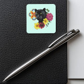 Zwart Jaguar Portret Bloemen Vierkante Sticker