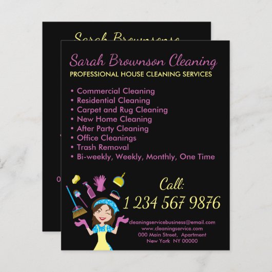 Zwart Janitorial Maid House Cleaning Flyer (Voorkant / Achterkant)