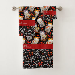 Zwart Japans Lucky Cat Decor Kimono Koi Carp Bad Handdoek