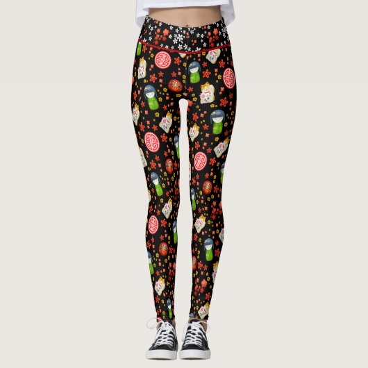 Zwart Japans Maneki Neko Kat en Geisha Leggings (Voorkant)