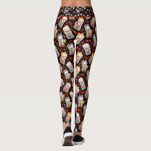 Zwart Japans Maneki Neko Kat Waving Kat Leggings (Achterkant)