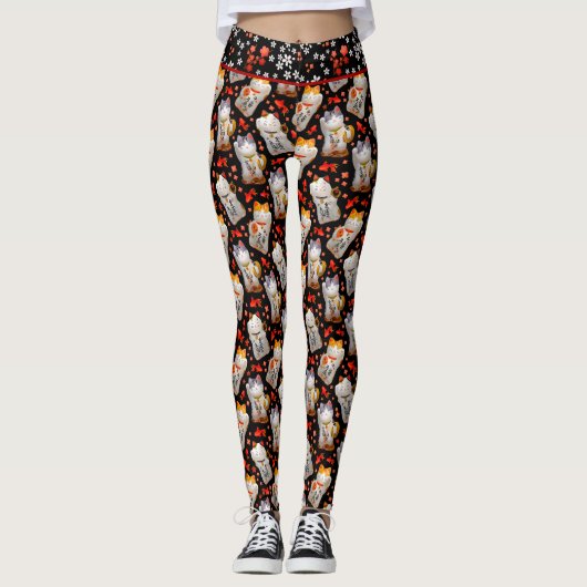 Zwart Japans Maneki Neko Kat Waving Kat Leggings (Voorkant)