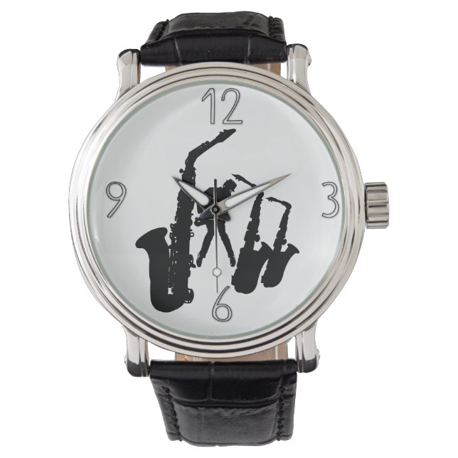 Zwart Jazz Sax Jazzman Modern Numbers Horloge (Voorkant)