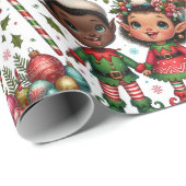 Zwart Jongen en Meisje Elfen Kerst Wrapping Papier (Rol Hoek)