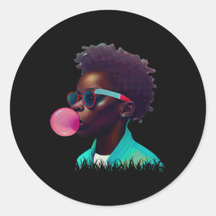 Zwart Jongen Joy Bubble Gum Leuk Afrikaans Melanin Ronde Sticker