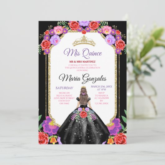 Zwart Jurk Mis Quince 15 Anos Mexicaans Bloemen Go Kaart (Staand voorkant)