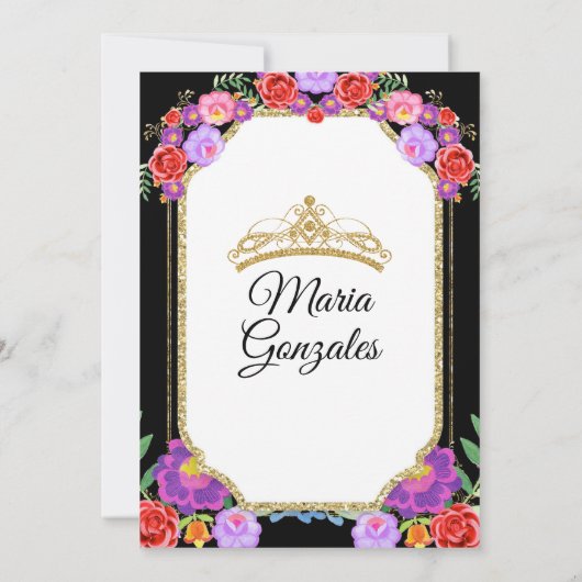 Zwart Jurk Mis Quince 15 Anos Mexicaans Bloemen Go Kaart (Achterkant)