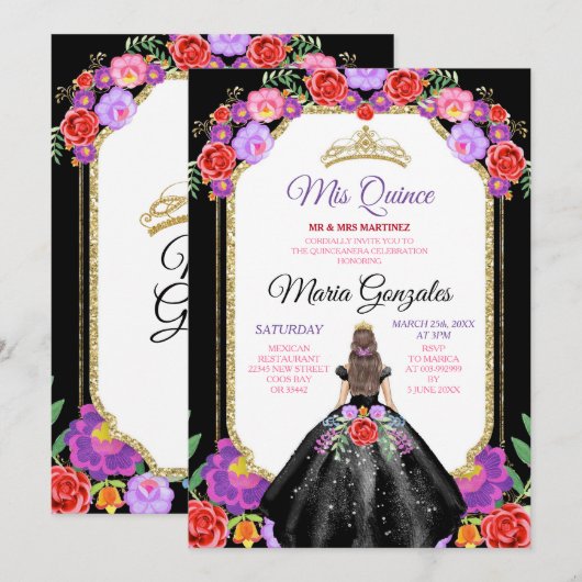 Zwart Jurk Mis Quince 15 Anos Mexicaans Bloemen Go Kaart (Voorkant / Achterkant)