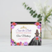 Zwart Jurk Quinceañera Save the Date Mexicaanse Ka Bedankkaart (Staand voorkant)