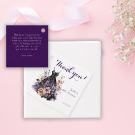 Zwart jurkje paarse vrijgezellenfeest bedankjes labels