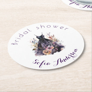 Zwart jurkje paarse vrijgezellenfeest ronde kartonnen onderzetter