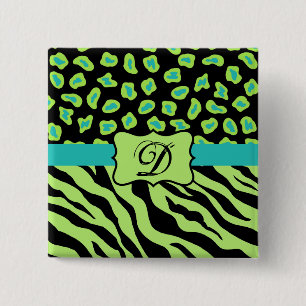 Zwart, kalkgroen en Turquoise Zebra & Cheetah Skin Vierkante Button 5,1 Cm
