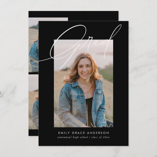 Zwart Kalligrafie Foto Budget QR Code Afstuderen Kaart (Voorkant / Achterkant)