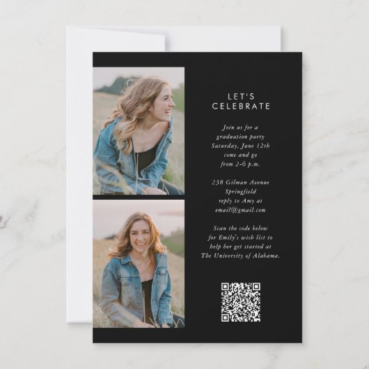 Zwart Kalligrafie Foto Budget QR Code Afstuderen Kaart (Achterkant)