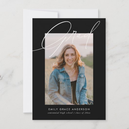 Zwart Kalligrafie Foto Budget QR Code Afstuderen Kaart (Voorkant)