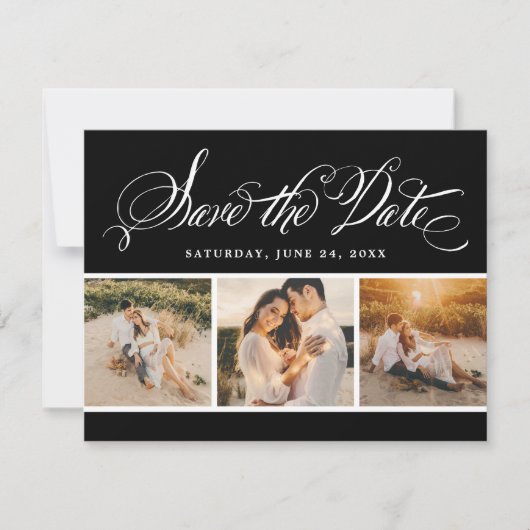 Zwart kalligrafie Script bruiloft foto collage Save The Date (Voorkant)