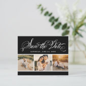 Zwart kalligrafie Script bruiloft foto collage Save The Date (Staand voorkant)