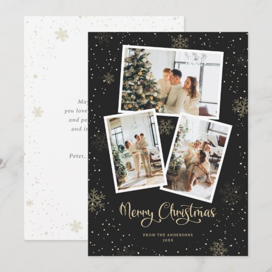 Zwart Kalligrafie Sneeuw Foto Merry Christmas Kaar Feestdagenkaart (Voorkant / Achterkant)