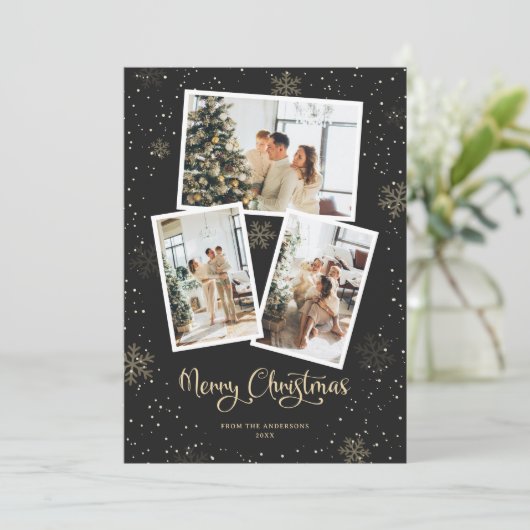 Zwart Kalligrafie Sneeuw Foto Merry Christmas Kaar Feestdagenkaart (Staand voorkant)
