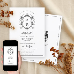 Zwart  kam monogram QR code bruiloft Kaart