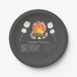 Zwart kampvuur smores verjaardagspapier bord
